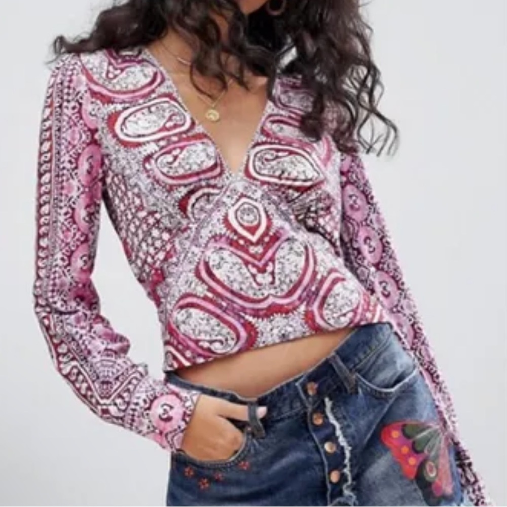 Free People Wild and Patterned crop long sleeved top